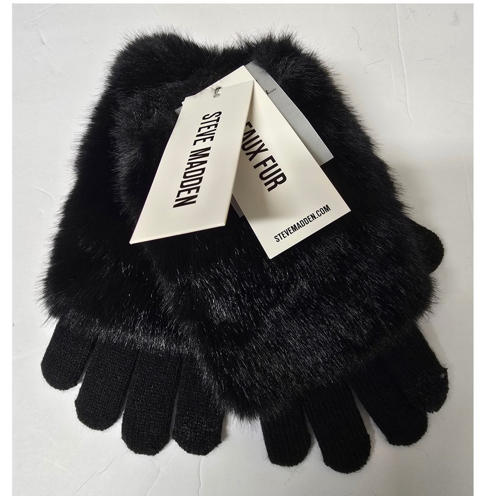 Steve Madden Womens Black Faux Fur Tech Touch Gloves NWT One Size
